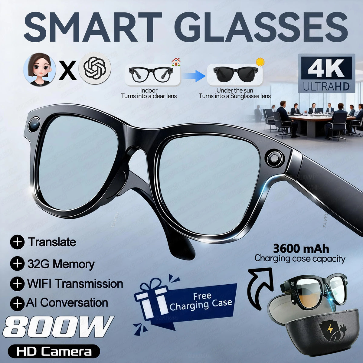 Gafas Inteligentes 2026 con Cámara 4K HD de 8MP, IA, Batería de 3600mAh, Memoria de 32G, Traducción en Más de 160 Idiomas, Resistentes al Agua, para Hombre y Mujer