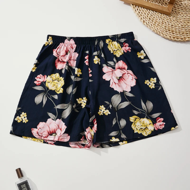 Pantalones cortos de verano para mujer, pantalones cortos holgados de 100% viscosa con cuadros florales para el hogar, pantalones cortos informales suaves y cómodos con cintura elástica