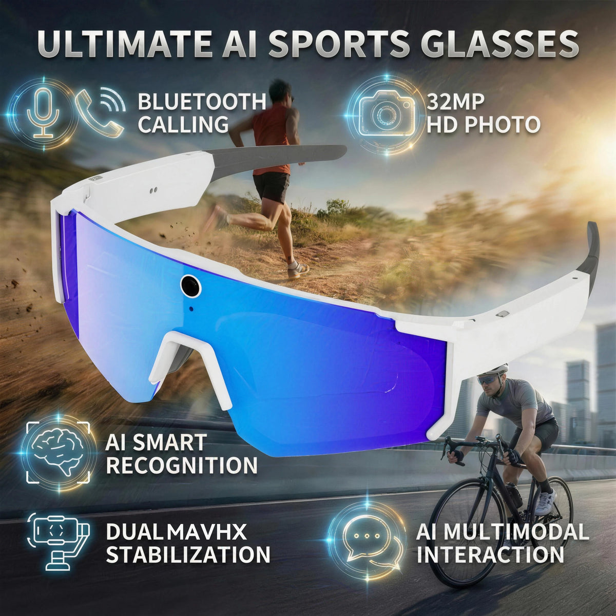 Gafas Inteligentes con Traducción por Voz IA, Cámara de Grabación de Video 1200P, Bluetooth, WiFi, Lentes Polarizadas Antivibración, Gafas de Sol Deportivas para Conducir