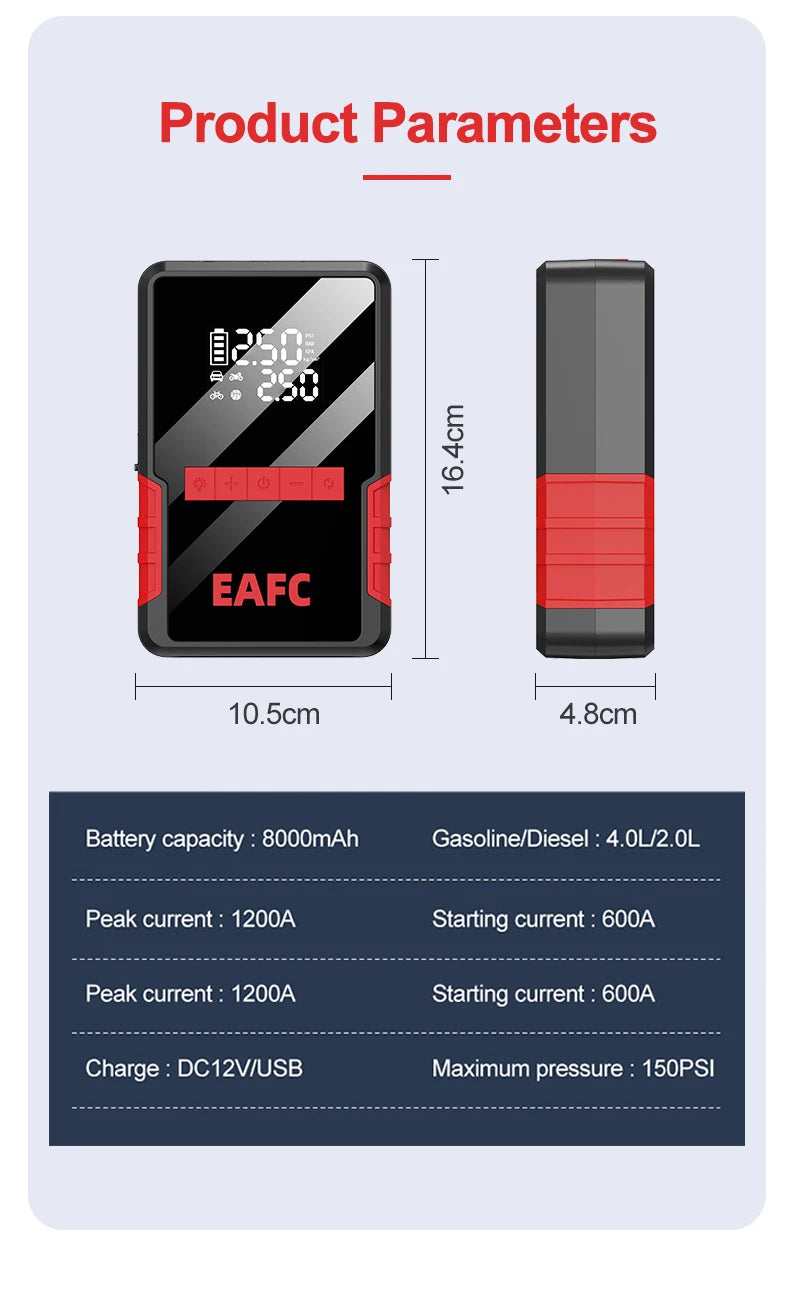 EAFC 4 en 1 bomba de 150PSI compresor de aire arrancador de batería 8000mAh banco de energía 1200A batería de emergencia Boost inflador de neumáticos Digital