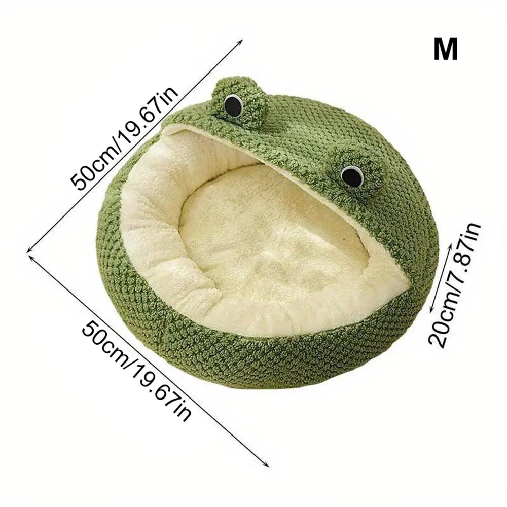 Cama para gatos semicerrada, nido pequeño y Adorable para mascotas con forma de rana para perros y gatos, cómoda y transpirable, cueva para gatos de peluche, sueño cálido para interiores