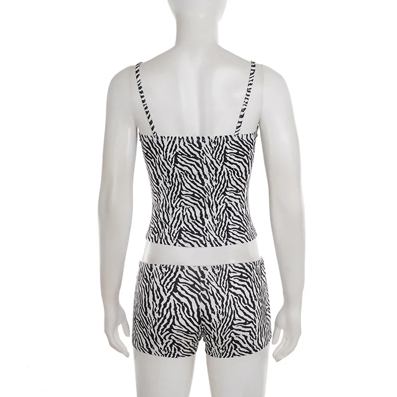Conjunto de 2 piezas con estampado de cebra Y2k de SUCHCUTE, top elegante sin mangas con cuello en U + pantalones cortos ajustados, ropa de estar por casa sin espalda para mujer
