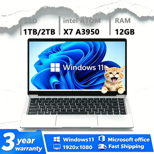 Nuevo Ordenador Portátil 2026 con Windows 11, Intel Atom X7 A3950, Notebook para Juegos, 12GB RAM, 512GB/1TB SSD, 1920*1080, Ordenador de Oficina