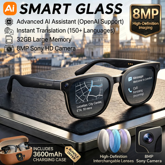 Gafas Inteligentes 2026 con Cámara 4K HD de 8MP, IA, Batería de 3600mAh, Memoria de 32G, Traducción en Más de 160 Idiomas, Resistentes al Agua, para Hombre y Mujer
