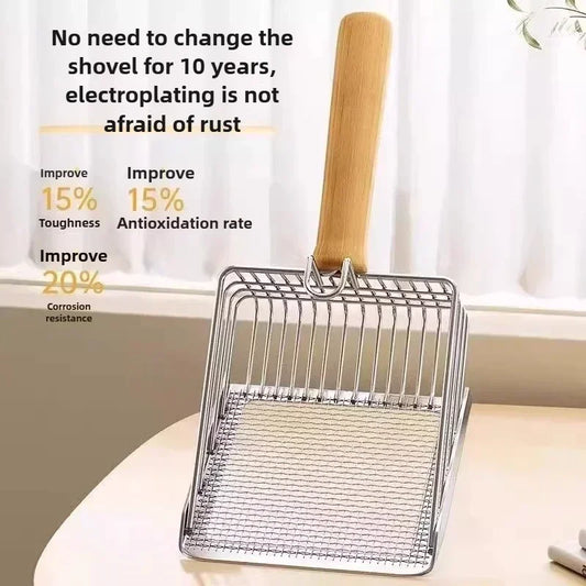 Pala para arena de gatos con mango de madera, recogedor metálico con gancho, herramienta portátil de acero inoxidable para cribar y limpiar el inodoro de gatitos, productos para mascotas
