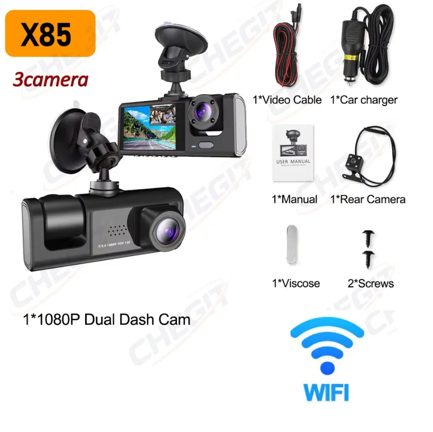 Cámara de salpicadero WIFI, 3 cámaras, 1080P, DVR para coche, 2/3 lentes, grabadora de vídeo, caja negra, cámara de salpicadero, grabación en bucle automático, accesorios para coche