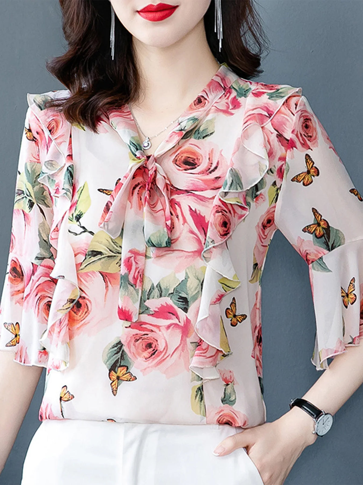Blusas Elegantes e Informales para Mujer, Blusas con Mangas con Volantes, Camisas Florales, Ropa de Verano con Cuello en V