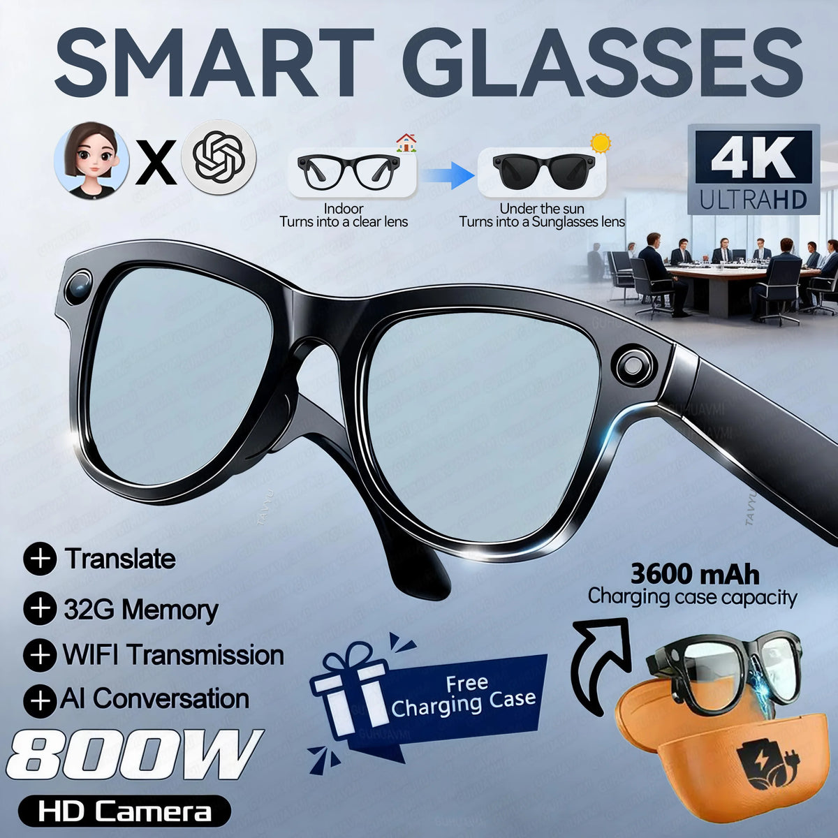 Gafas Inteligentes 2026 con Cámara 4K HD de 8MP, IA, Batería de 3600mAh, Memoria de 32G, Traducción en Más de 160 Idiomas, Resistentes al Agua, para Hombre y Mujer