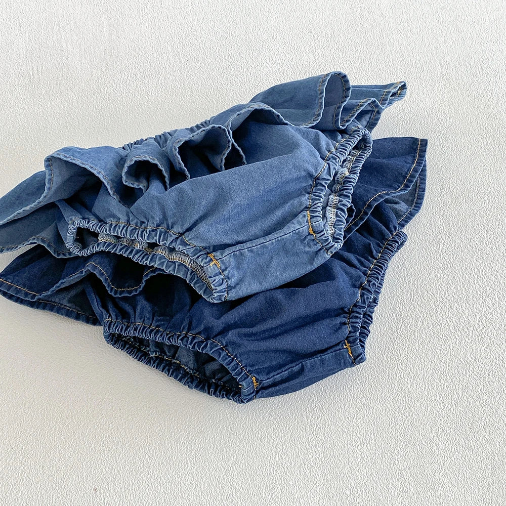 Falda pantalón vaquera para bebés y niñas, con volantes, cintura elástica, tipo tutú, para verano