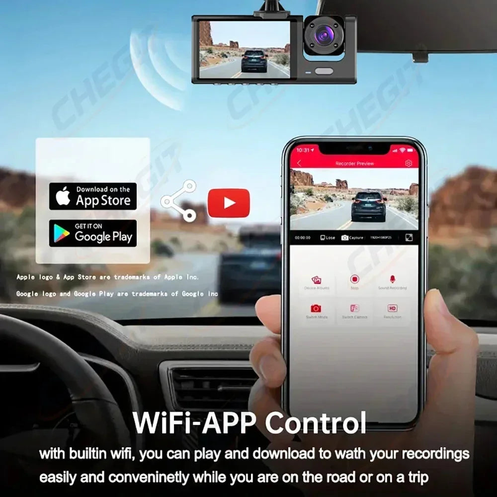 Cámara de salpicadero WIFI, 3 cámaras, 1080P, DVR para coche, 2/3 lentes, grabadora de vídeo, caja negra, cámara de salpicadero, grabación en bucle automático, accesorios para coche