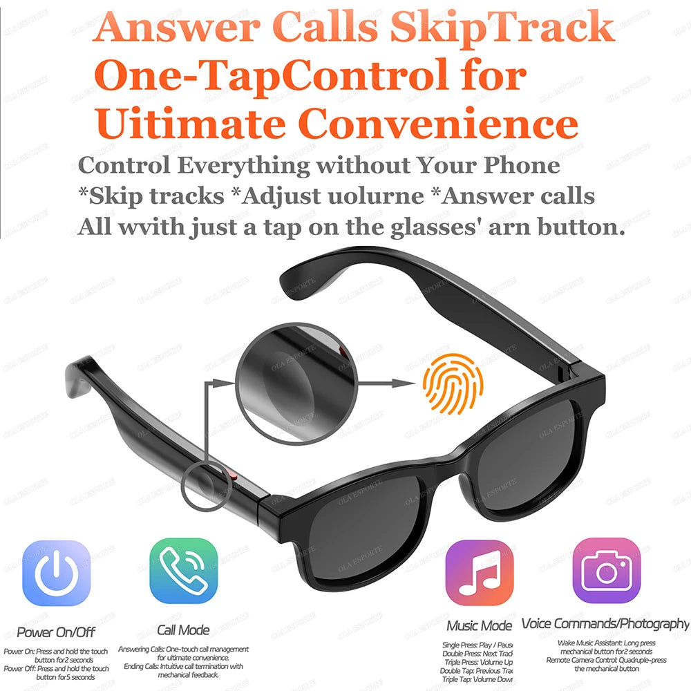 Gafas Inteligentes con IA para Hombre y Mujer, Multifunción, Reproducción de Música Táctil, Control Remoto de Cámara, Asistente de Voz, Gafas BT, Gafas de Sol HT30
