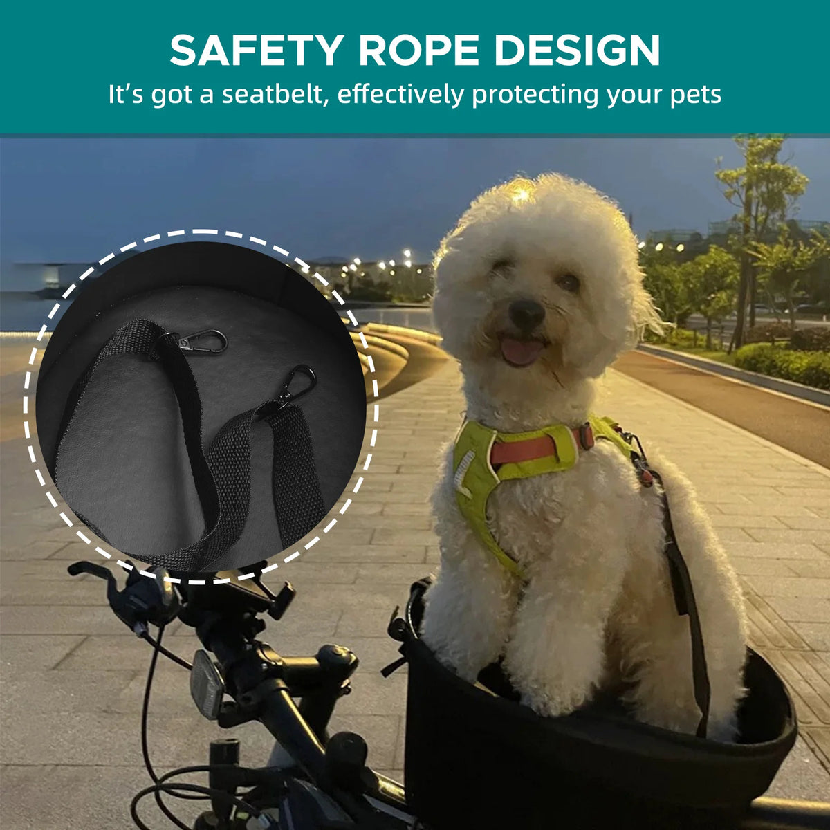 Cesta de ciclismo para perros, cesta de compras portátil para gatos y perros, barra transversal delantera con forro de esponja, correa de seguridad negra
