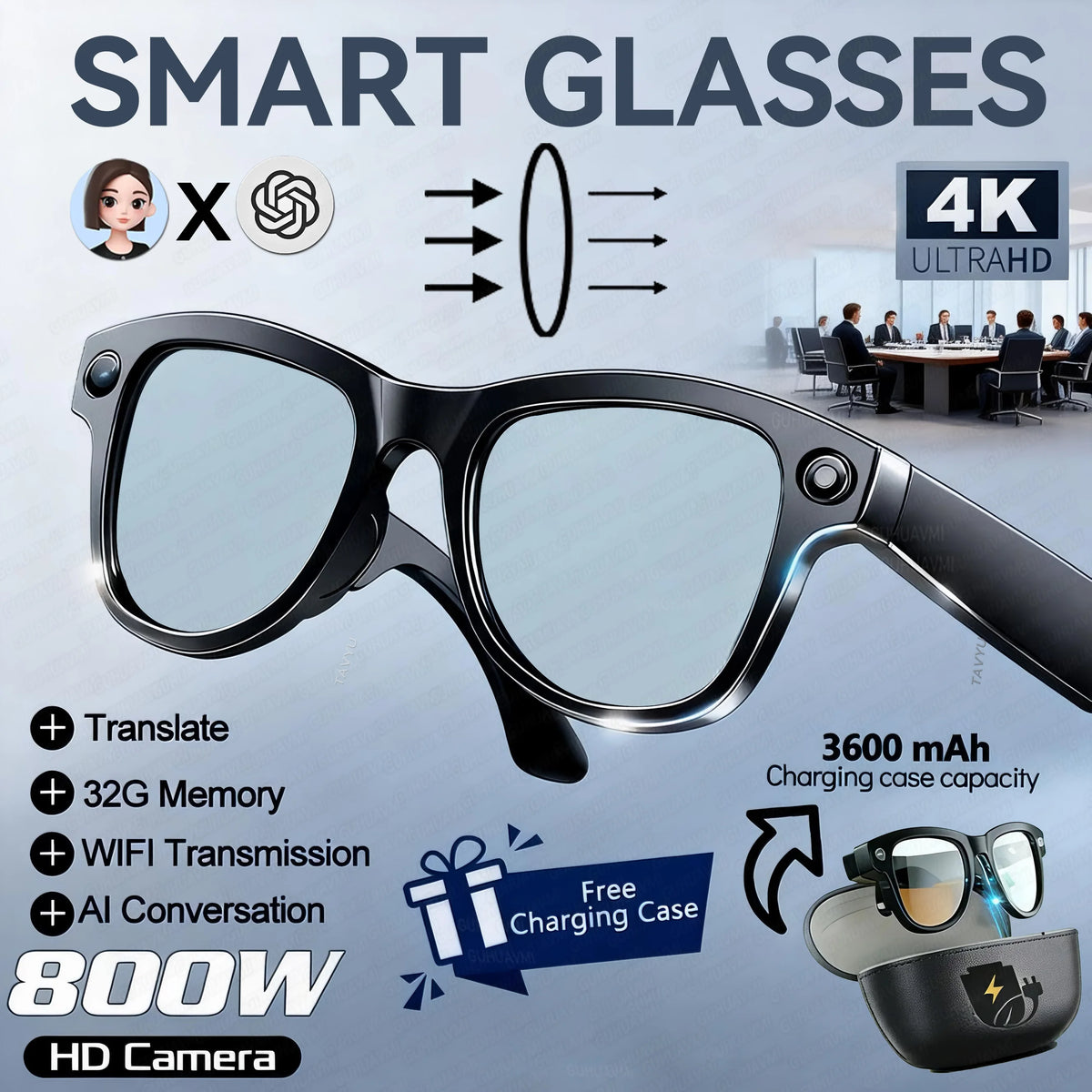 Gafas Inteligentes 2026 con Cámara 4K HD de 8MP, IA, Batería de 3600mAh, Memoria de 32G, Traducción en Más de 160 Idiomas, Resistentes al Agua, para Hombre y Mujer