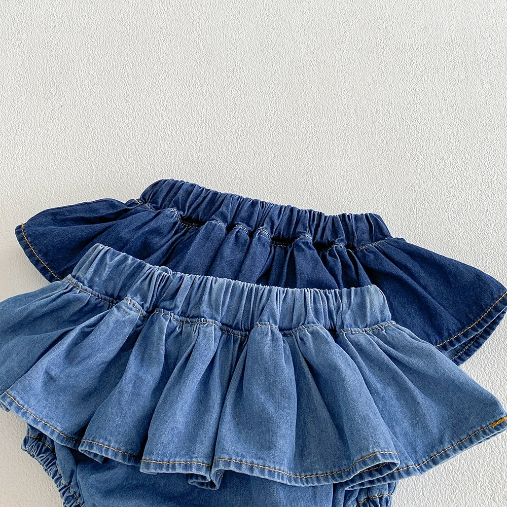 Falda pantalón vaquera para bebés y niñas, con volantes, cintura elástica, tipo tutú, para verano