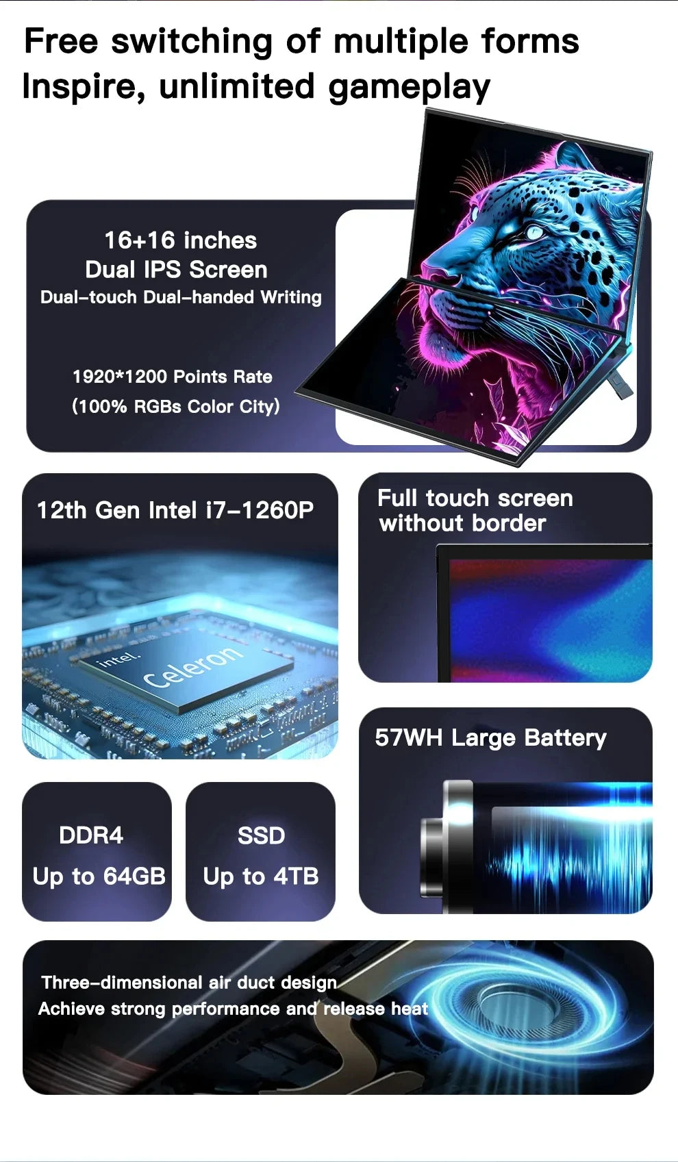 Portátil de pantalla Dual de 16 + 16 pulgadas Intel i7-1360P Windows 11 2 * DDR4 MAX 64GB M.2 2280 2TB SSD WIFI ordenador portátil de doble pantalla