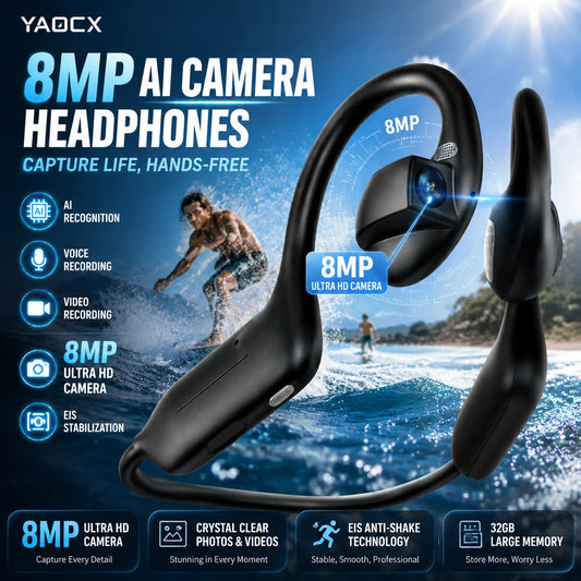 Auriculares Bluetooth Inalámbricos con Cámara IA de Oreja Abierta, Estabilización EIS de 800W Píxeles, Video 1080P, Reconocimiento IA, Traducción, Auriculares Deportivos