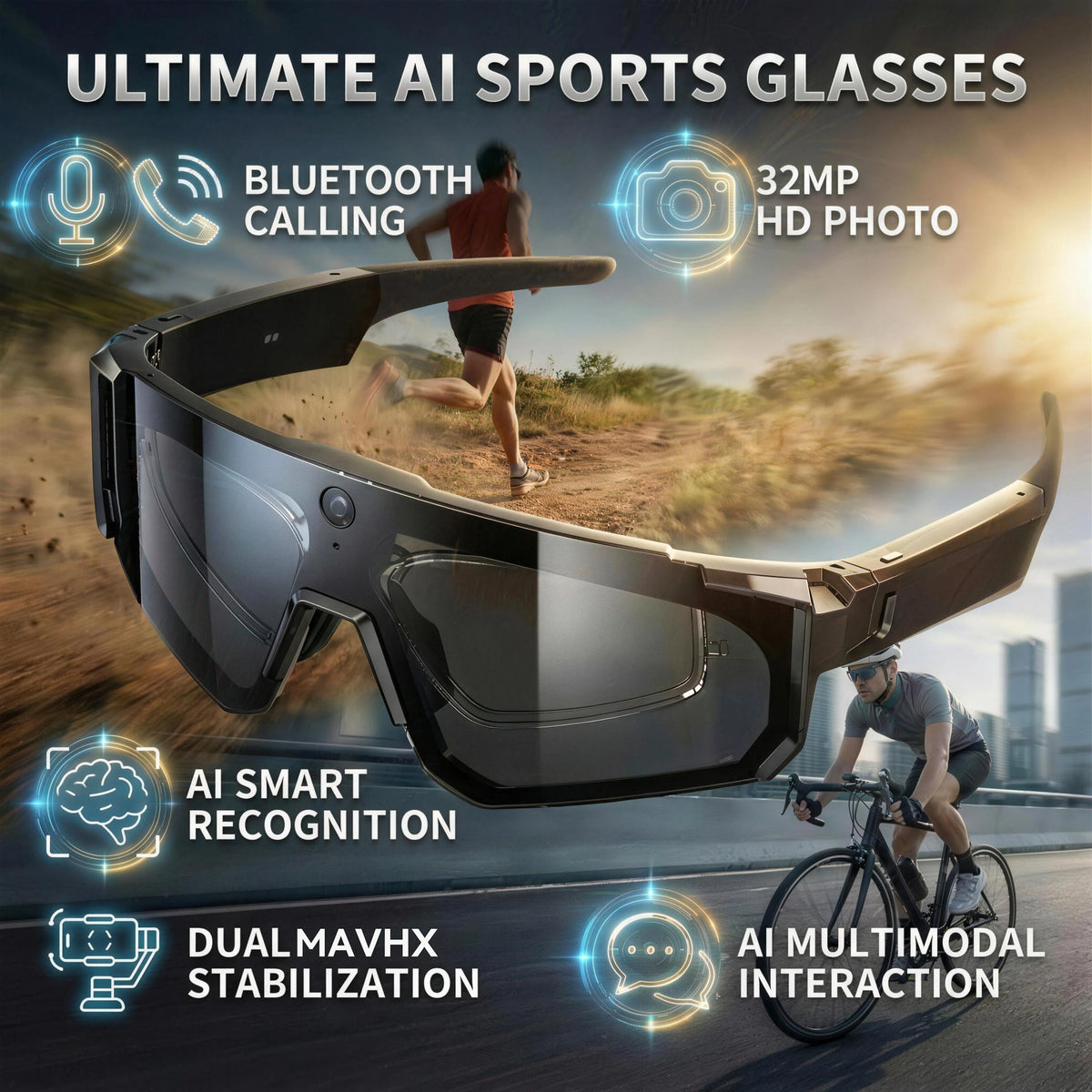 Gafas Inteligentes con Traducción por Voz IA, Cámara de Grabación de Video 1200P, Bluetooth, WiFi, Lentes Polarizadas Antivibración, Gafas de Sol Deportivas para Conducir