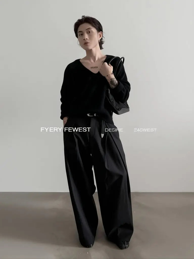 Pantalones de Traje de Pierna Ancha Estilo Harajuku para Hombre, Plisados, Curvos, Rectos, Largos, Casuales, Holgados, Estilo Urbano