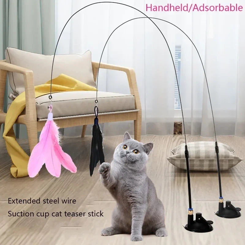 Ventosa para gatos, palo de burlas, juguete para gatos, juguete interactivo de plumas, varilla para gatos, alambre de acero, ventosa, pluma, juguete para gatos, campana para gatos, burlas Bi