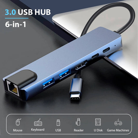 Hub USB Type C High Transmission RJ45  6 in 1 Docking Station USB 3.0 Supports 65W Reverse Charging Laptop Docking Station USB C