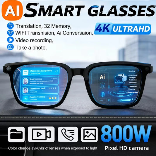 Gafas Inteligentes con IA, Traducción por IA, Cámara HD de 8MP, Grabación de Imágenes 4K, Conversación, Escucha de Música, Gafas Inteligentes para Motocicleta