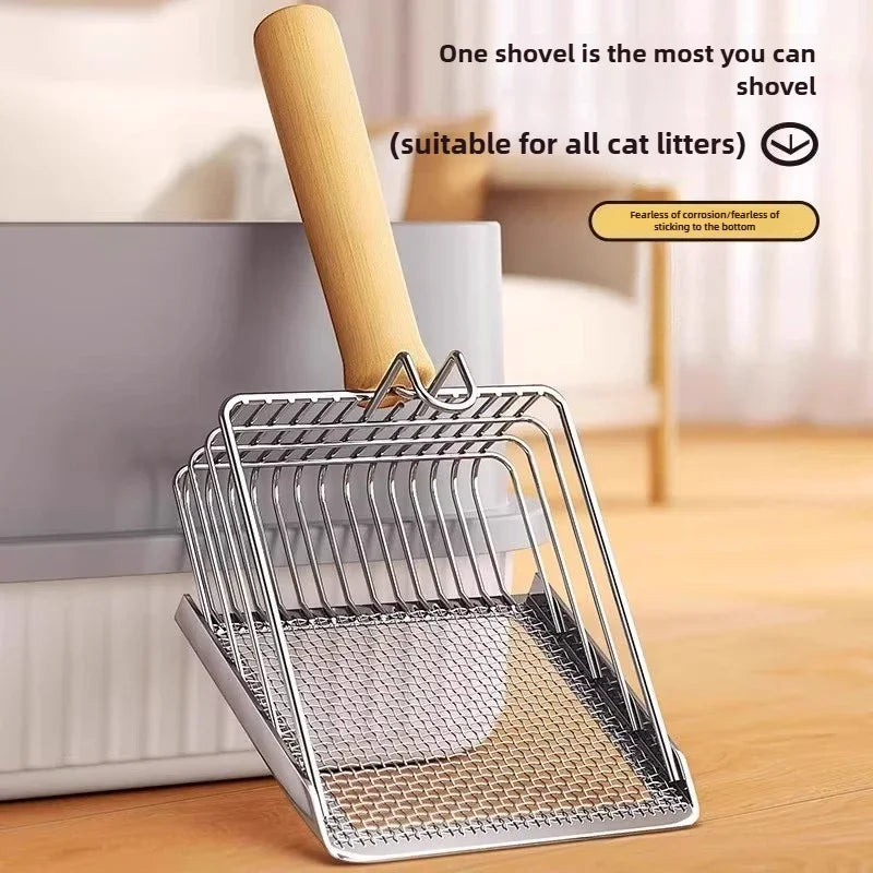 Pala para arena de gatos con mango de madera, recogedor metálico con gancho, herramienta portátil de acero inoxidable para cribar y limpiar el inodoro de gatitos, productos para mascotas