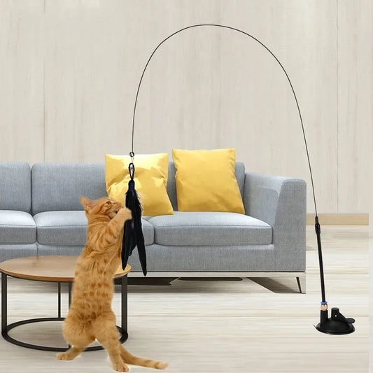 Ventosa para gatos, palo de burlas, juguete para gatos, juguete interactivo de plumas, varilla para gatos, alambre de acero, ventosa, pluma, juguete para gatos, campana para gatos, burlas Bi