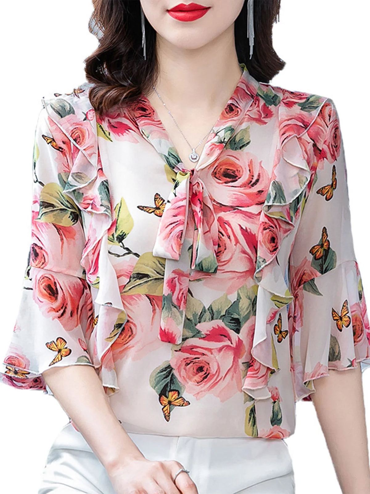 Blusas Elegantes e Informales para Mujer, Blusas con Mangas con Volantes, Camisas Florales, Ropa de Verano con Cuello en V