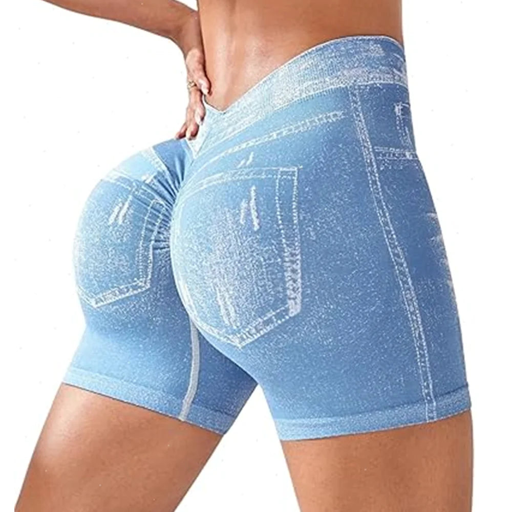 Shorts Deportivos Elásticos para Mujer, Efecto Levanta Glúteos, Corte Ajustado, para Gimnasio, Fitness, Yoga, con Espalda en V, Estilo Jeans