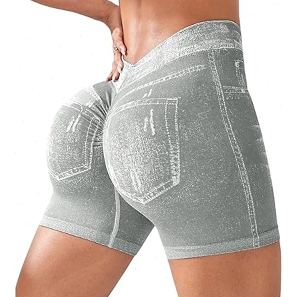 Shorts Deportivos Elásticos para Mujer, Efecto Levanta Glúteos, Corte Ajustado, para Gimnasio, Fitness, Yoga, con Espalda en V, Estilo Jeans