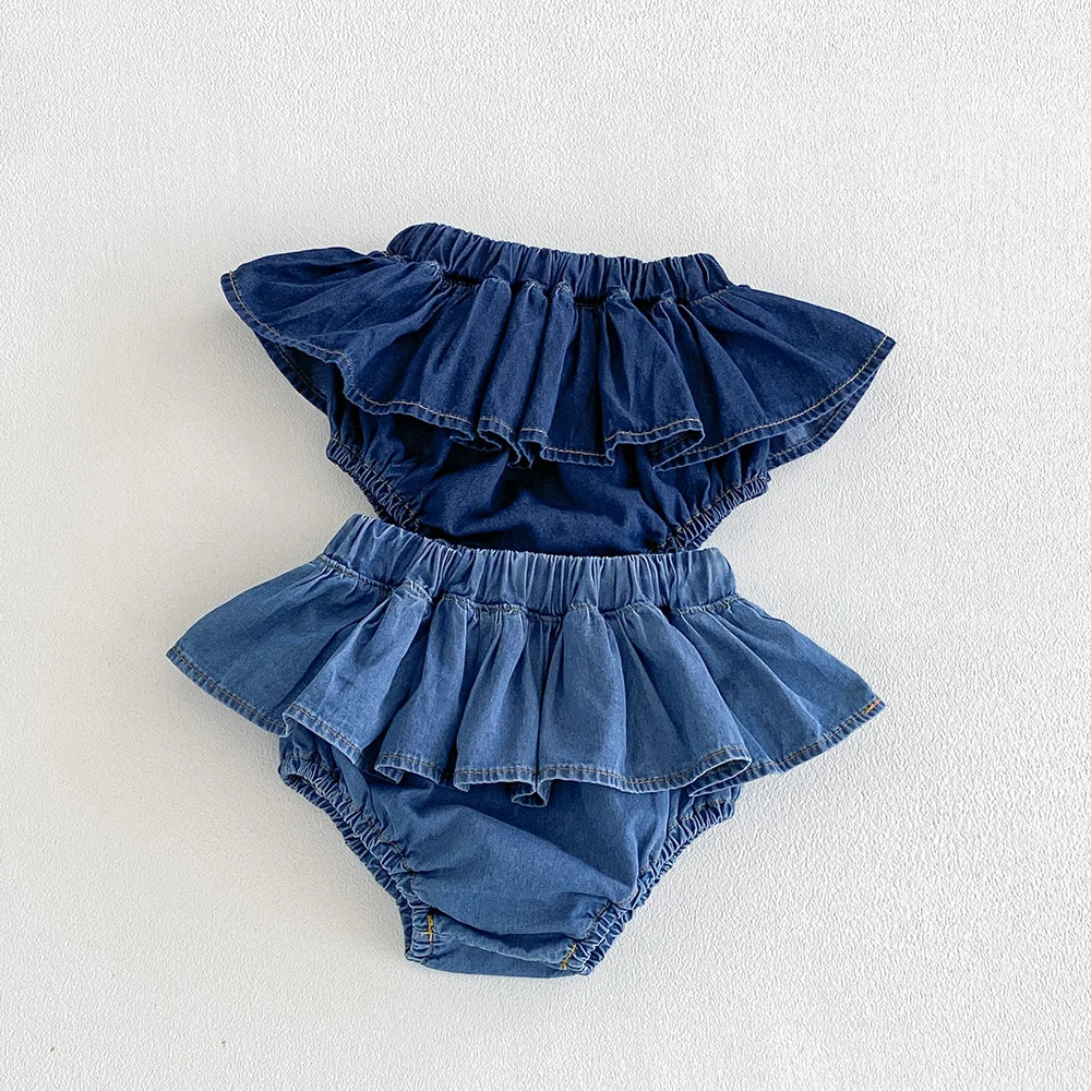 Falda pantalón vaquera para bebés y niñas, con volantes, cintura elástica, tipo tutú, para verano