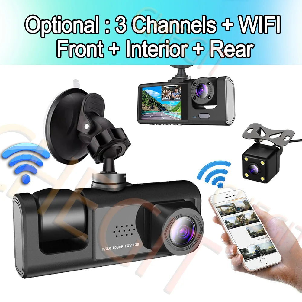 Cámara de salpicadero WIFI, 3 cámaras, 1080P, DVR para coche, 2/3 lentes, grabadora de vídeo, caja negra, cámara de salpicadero, grabación en bucle automático, accesorios para coche