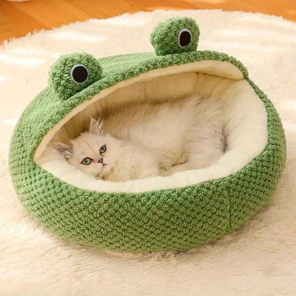 Cama para gatos semicerrada, nido pequeño y Adorable para mascotas con forma de rana para perros y gatos, cómoda y transpirable, cueva para gatos de peluche, sueño cálido para interiores