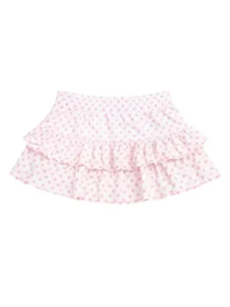 Minifalda de Verano para Mujer, Estilo Y2K Coquette, Informal, con Estampado de Lunares Rosas, Cintura Baja, Doble Capa, con Volantes, Corte A, Ajustada