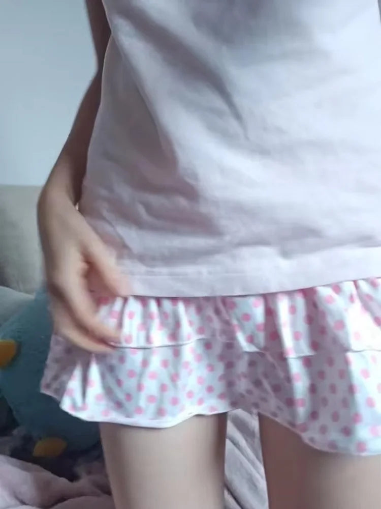 Minifalda de Verano para Mujer, Estilo Y2K Coquette, Informal, con Estampado de Lunares Rosas, Cintura Baja, Doble Capa, con Volantes, Corte A, Ajustada