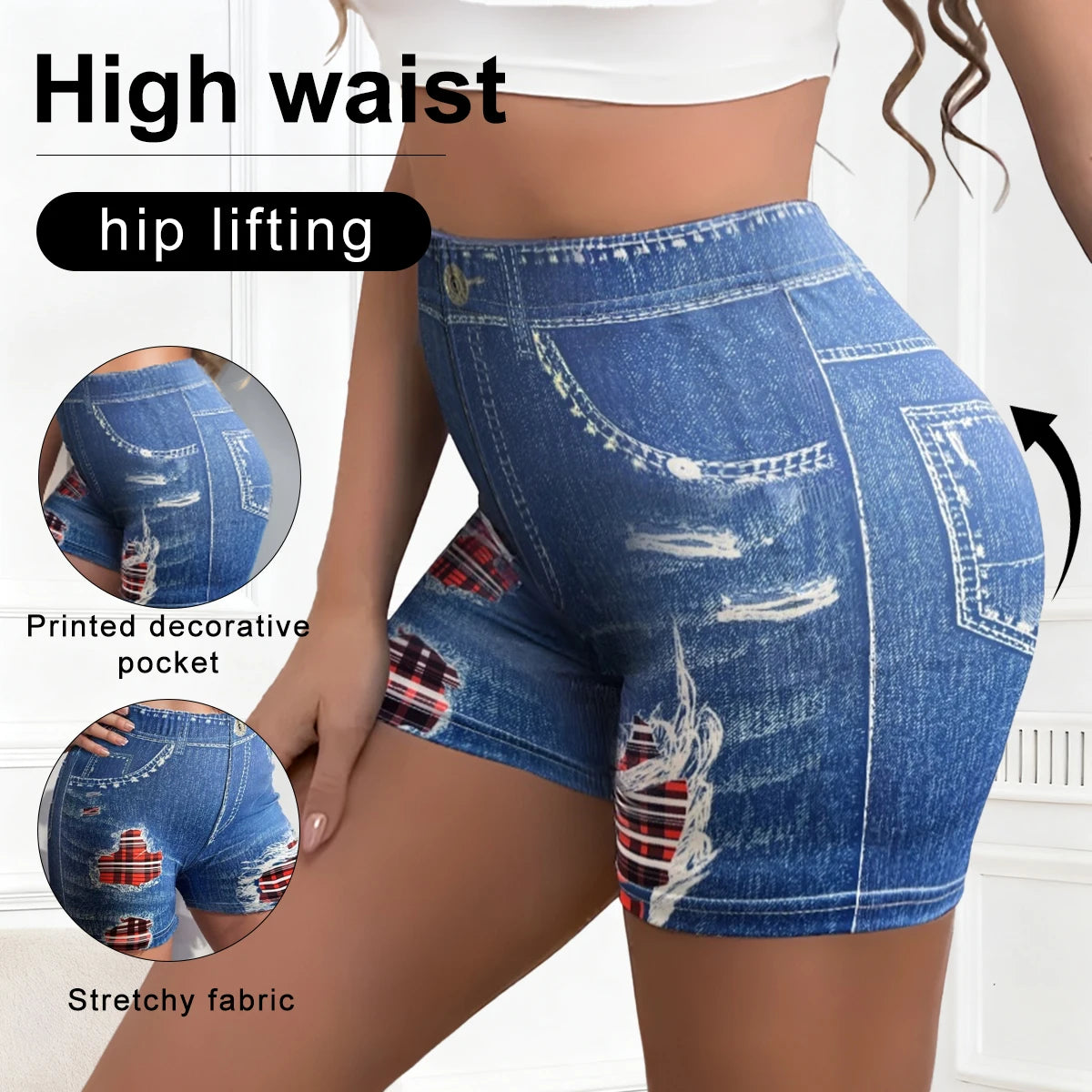 Shorts Casuales de Verano para Mujer, Leggings sin Mezclilla, Estampados, de Cintura Alta, Levanta Glúteos, Elásticos, Transpirables, Deportivos