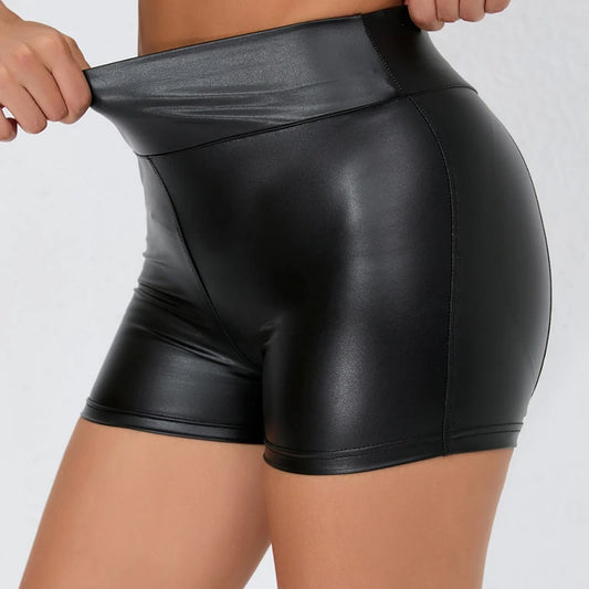 Pantalones cortos de cuero para mujer, ajustados de cintura alta, Push Up, cortos negros, para correr, deportes, Fitness, pantalones cortos ajustados sexis para mujer Spodenki Damskie