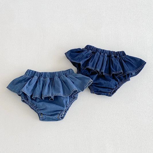 Falda pantalón vaquera para bebés y niñas, con volantes, cintura elástica, tipo tutú, para verano