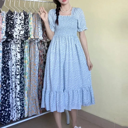 Primavera Verano cintura elástica vestido de gasa mujeres Vestidos casuales moda femenina Vestidos de manga corta plisado A-line Vestidos