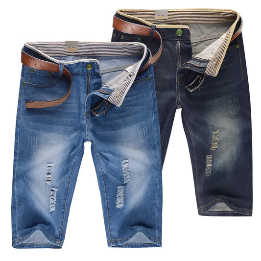 29-40 Nuevos pantalones de mezclilla perforados lavables personalizados de verano para hombres Pantalones medios casuales grandes