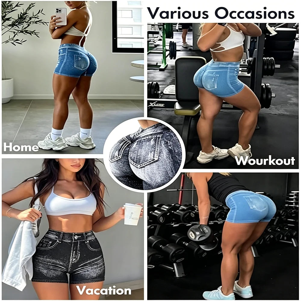 Shorts Deportivos Elásticos para Mujer, Efecto Levanta Glúteos, Corte Ajustado, para Gimnasio, Fitness, Yoga, con Espalda en V, Estilo Jeans