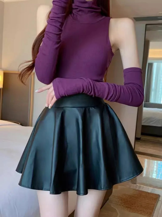 Minifalda corta elástica multiusos para mujer, faldas de piel sintética, cintura alta para patinadora, trabajo, club nocturno