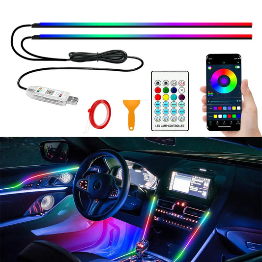 Luces Ambientales para Auto de 110cm con Control por APP, LED RGB, Iluminación Interior, Tiras Acrílicas para Decoración de Tablero y Techo Solar