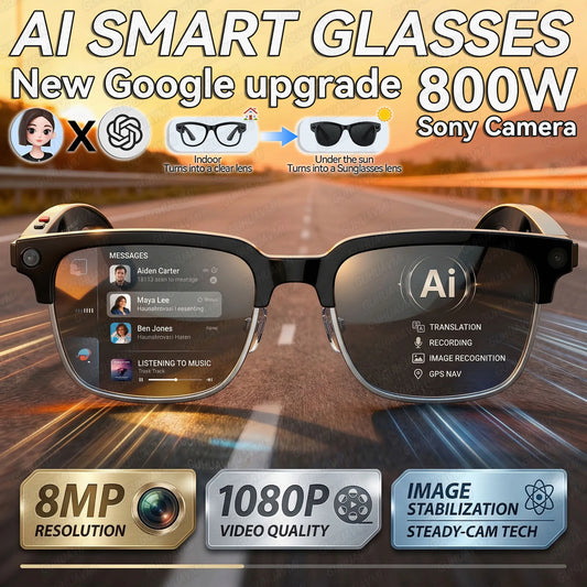 Gafas Inteligentes con IA 2026, Traducción en Más de 120 Idiomas, Cámara de 800W Píxeles, Reproductor de Música y Video, Llamadas, Gafas con Cambio de Color 8K para Hombre