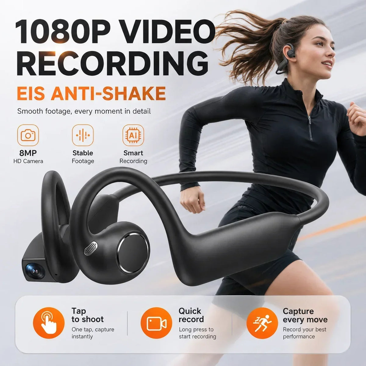 Auriculares Bluetooth Inalámbricos con Cámara IA de Oreja Abierta, Estabilización EIS de 800W Píxeles, Video 1080P, Reconocimiento IA, Traducción, Auriculares Deportivos