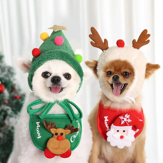 Gorro navideño para mascotas con cuernos bonitos y babero, accesorios de disfraz para perros y gatos, diseño encantador, ropa de otoño e invierno, accesorio para mascotas