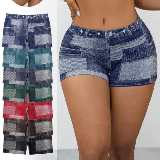 Pantalones cortos de mujer, pantalones vaqueros de imitación elásticos para entrenamiento, pantalones deportivos de Yoga, mallas de levantamiento de glúteos, mallas cortas atléticas para Fitness sin costuras