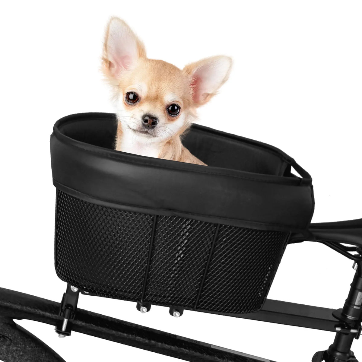 Cesta de ciclismo para perros, cesta de compras portátil para gatos y perros, barra transversal delantera con forro de esponja, correa de seguridad negra