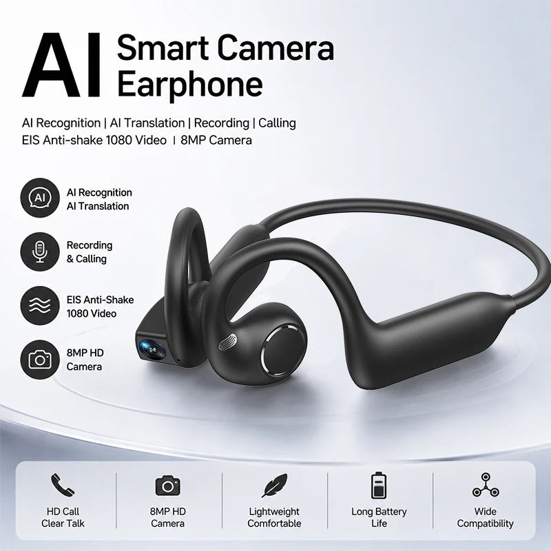 Auriculares Bluetooth Inalámbricos con Cámara IA de Oreja Abierta, Estabilización EIS de 800W Píxeles, Video 1080P, Reconocimiento IA, Traducción, Auriculares Deportivos