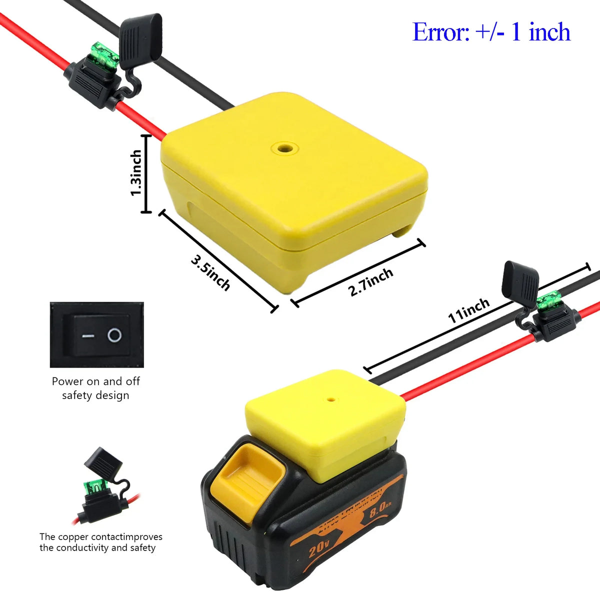 Adaptador para batería DeWalt 20V con interruptor y fusible